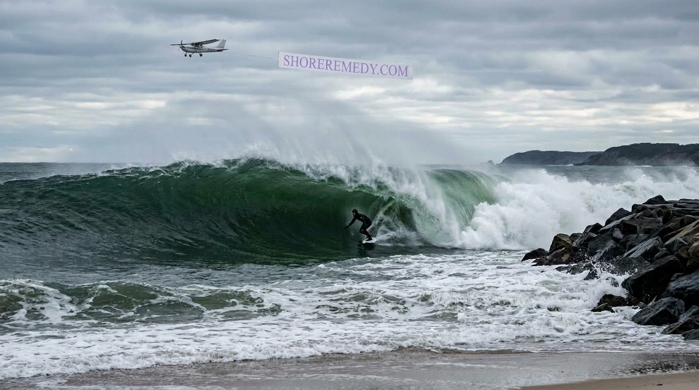 A surfer in a huge barreling wave while a banner plane flies overhead