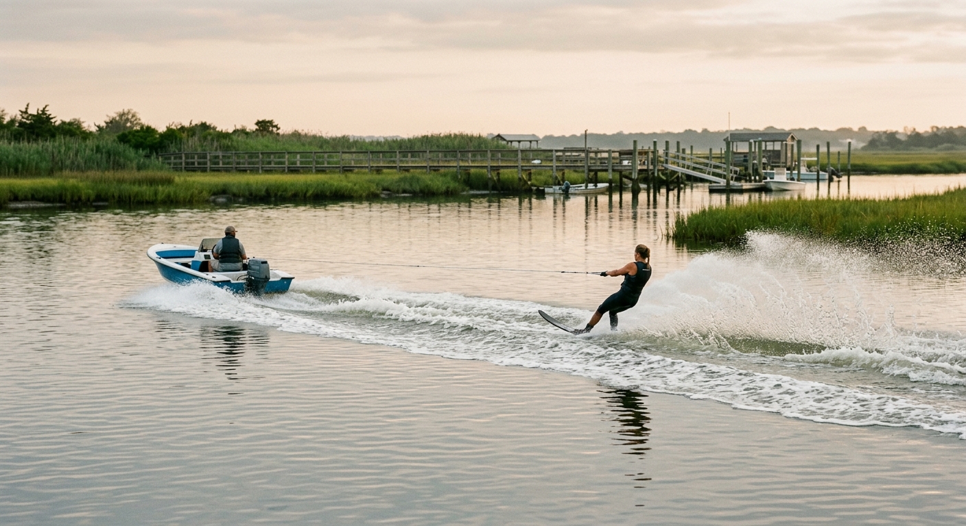 A water skier carving a wake at golden morning light